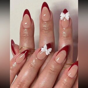 NIB 24pcs Press On Nails Long Square Claret French & Bow Design Fake Nail Set